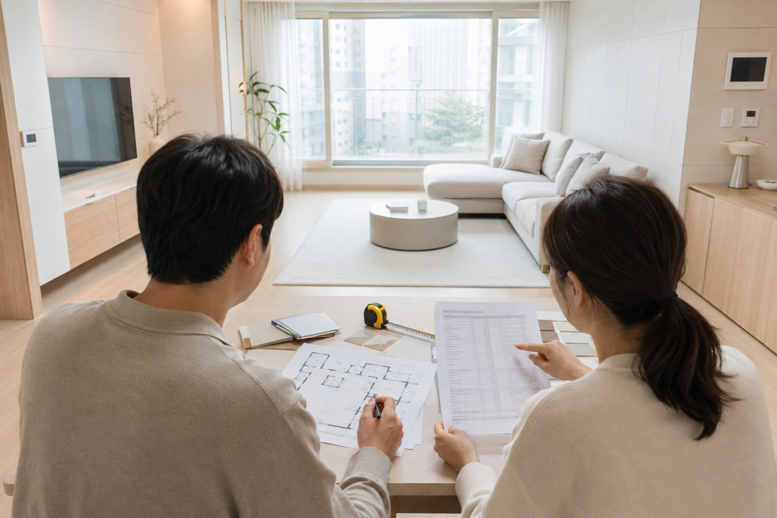 아파트 거실에서 평면도와 자재 샘플을 놓고 리모델링 견적서를 검토하는 부부를 표현한 설명용 이미지